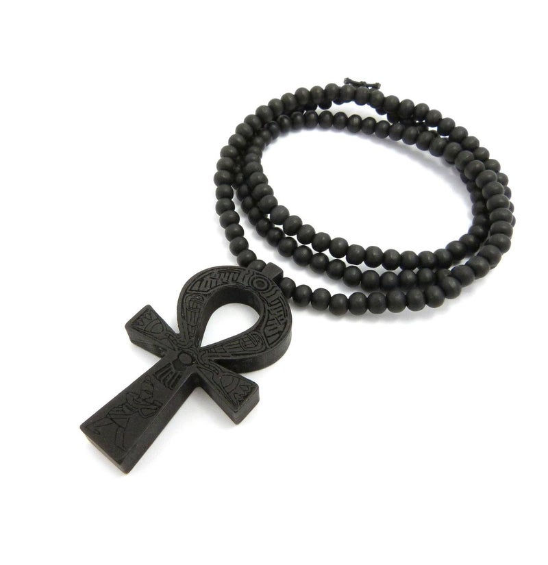 Fashion 21 Egyptian Ankh Cross Pendant 6mm 27" Stretchable Wooden Bead Necklace (3 Colors Available) (Black) - Image 3